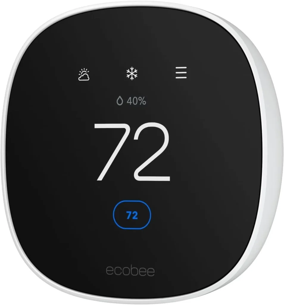 Family controlling smart TV, lights, and thermostat using smartphone, demonstrating integrated smart home entertainment.